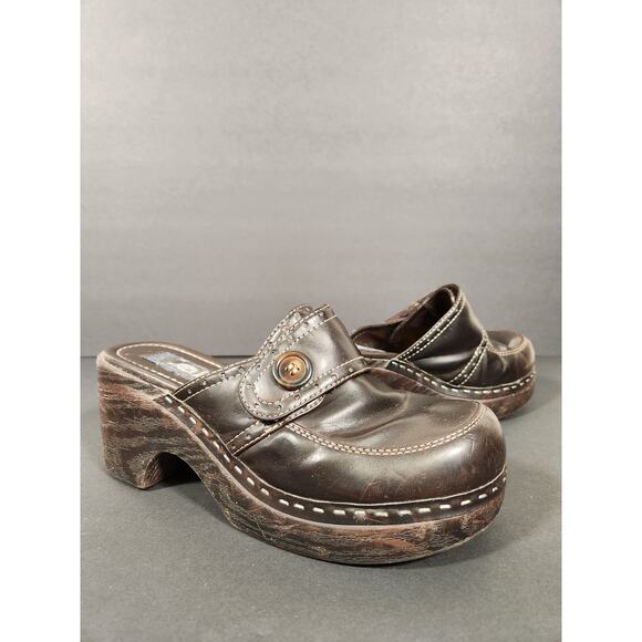 L.E.I. Vtg Clutch Clogs Womens 8.5 Brown Faux Leather Chunky Platform Y2K Grunge - Picture 1 of 10